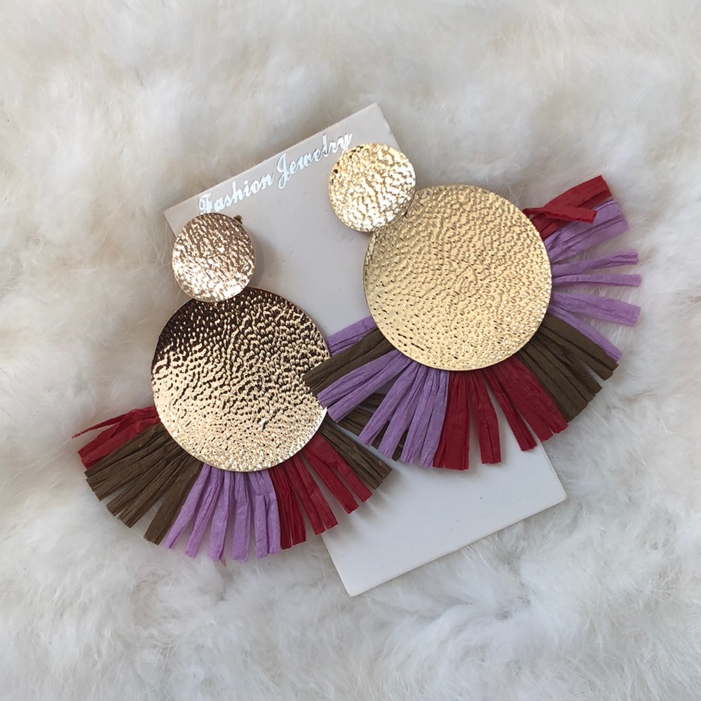 Large Multicolor Gold Tone Boho Fringe Tassel Earrings